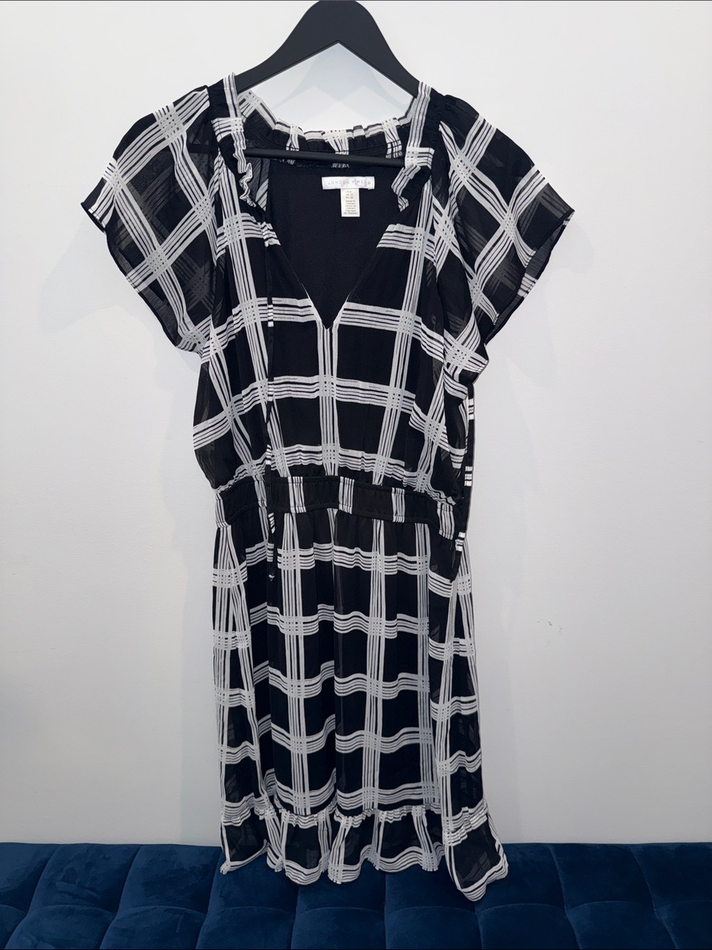 London Times Black and White Plaid V-Neck Dress